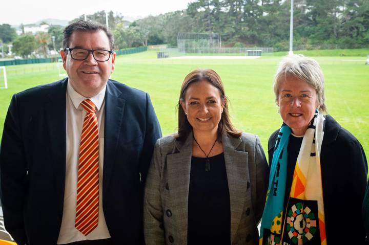 New Zealand Deputy Prime Minister Minister Grant Robertson, NZ Football GM of Women’s World Cup Legacy & Inclusion, Paula Hansen and FIFA Women’s World Cup 2023 New Zealand COO Jane Patterson