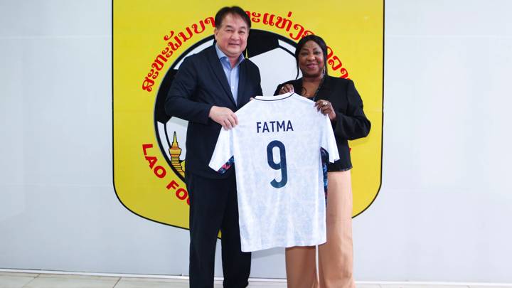 VIENTIANE, LAOS - NOVEMBER 29: FIFA Secretary General Fatma Samoura (R) and Lao Football Federation President Viphet Sihachakr (L) during FIFA Football 4 Schools - Laos on November 29, 2023 in Vientiane, Laos. (Photo by Thananuwat Srirasant/FIFA)