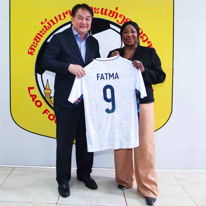 VIENTIANE, LAOS - NOVEMBER 29: FIFA Secretary General Fatma Samoura (R) and Lao Football Federation President Viphet Sihachakr (L) during FIFA Football 4 Schools - Laos on November 29, 2023 in Vientiane, Laos. (Photo by Thananuwat Srirasant/FIFA)