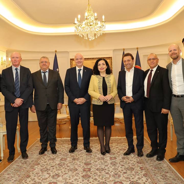 PRISTINA, KOSOVO - SEPTEMBER 30: (L-R) FIFA Senior Football Advisor Youri Djorkaeff, FIFA Deputy Secretary General Alasdair Bell, Albanian Football Association President Armand Duka, FIFA President Gianni Infantino, President of Kosovo Vjosa Osmani, FFM President Muamet Sejdini, Football Federation of Kosovo President Agim Ademi, FIFA Deputy Secretary General Football Mattias Grafström and guest during a FIFA Visit to Kosovo on September 30, 2022 in Pristina, Kosovo. (Photo by Shpend Ahmeti/FFK)