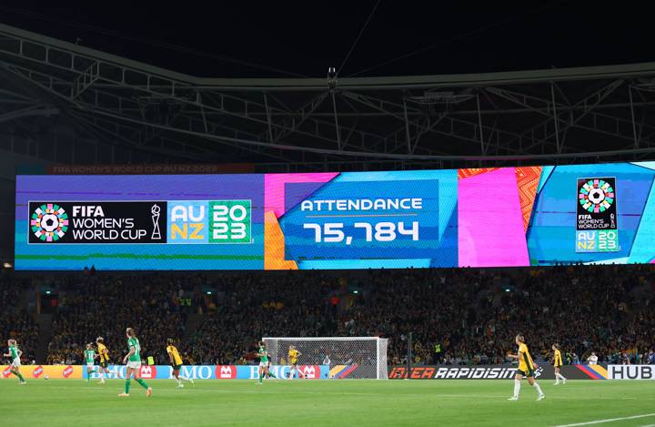 A screen displays the attendance of 75,784 during the FIFA Women's World Cup Australia & New Zealand 2023 Group B match between Australia and Ireland