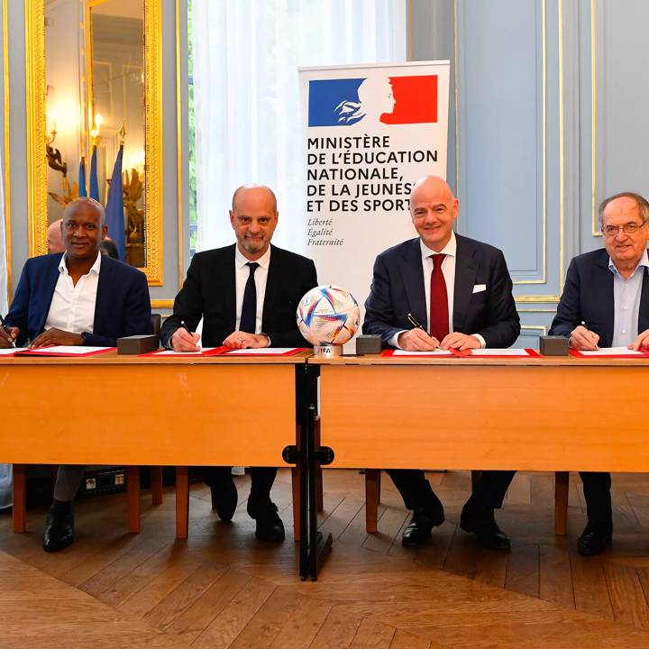 FRANCE, PARIS - APRIL 08: (L-R) UNSS National Director Olivier Girault, French Minister of National Education, Youth and Sports Jean-Michel Blanquer, FIFA President Gianni Infantino and French Football Federation President Noel Le Graet during the convention signing ceremony between FIFA - FFF - Ministry of National Education, Youth and Sports - UNSS on April 8, 2022 in Paris,
France. (Photo by Aurelien Meunier - FIFA/FIFA via Getty Images)
