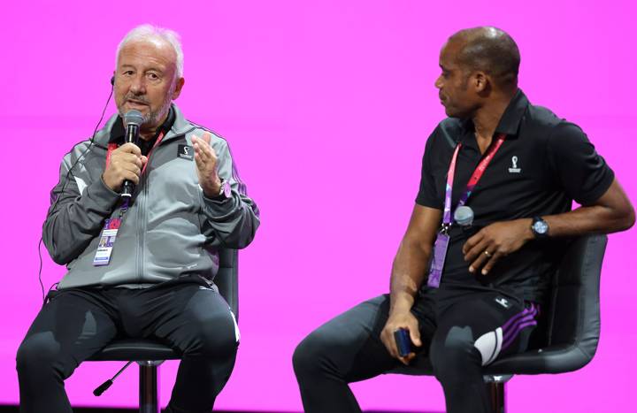 FIFA Technical Study Group members Alberto Zaccheroni of Italy (L) and Sunday Oliseh of Nigeria