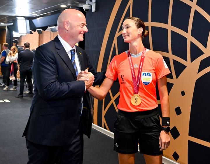 Kathryn Nesbitt congratulated by FIFA President Gianni Infantino after the Argentina v France FIFA World Cup Qatar 2022 Final