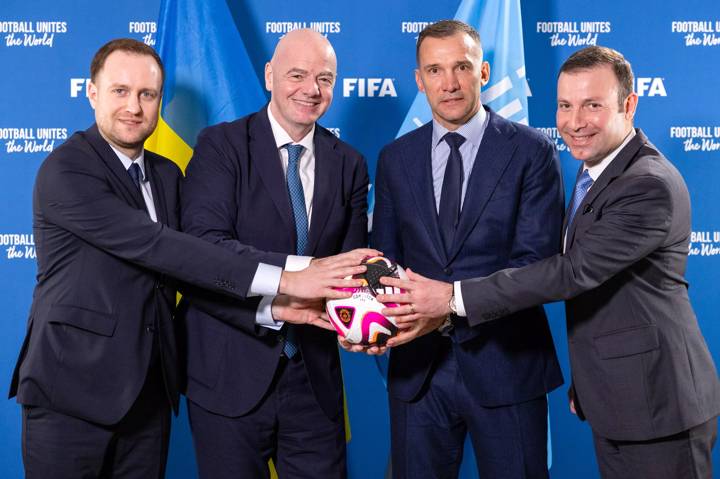 Ukrainian Association of Football General Secretary Igor Gryshchenko, FIFA President Gianni Infantino, UkrainianFA President Andriy Shevchenko and FIFA Director Member Associations Europe Elkhan Mammadov during a FIFA Meeting at the FIFA Paris Office