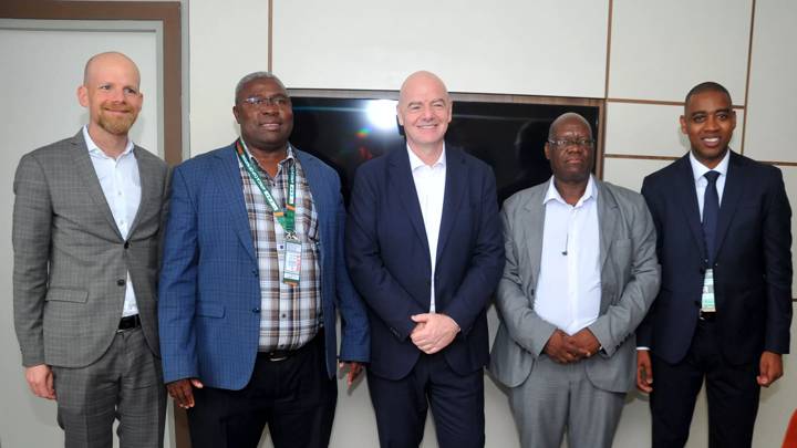 ABIDJAN, IVORY COAST - JANUARY 13: FIFA President Gianni Infantino meets with Namibian Football Association President Robert Shimooshili during a visit to Ivory Coast for AFCON 2023 on January 13, 2024 in Abidjan, Ivory Coast. (Photo by Segun Ogunfeyitimi - FIFA/FIFA via APO)