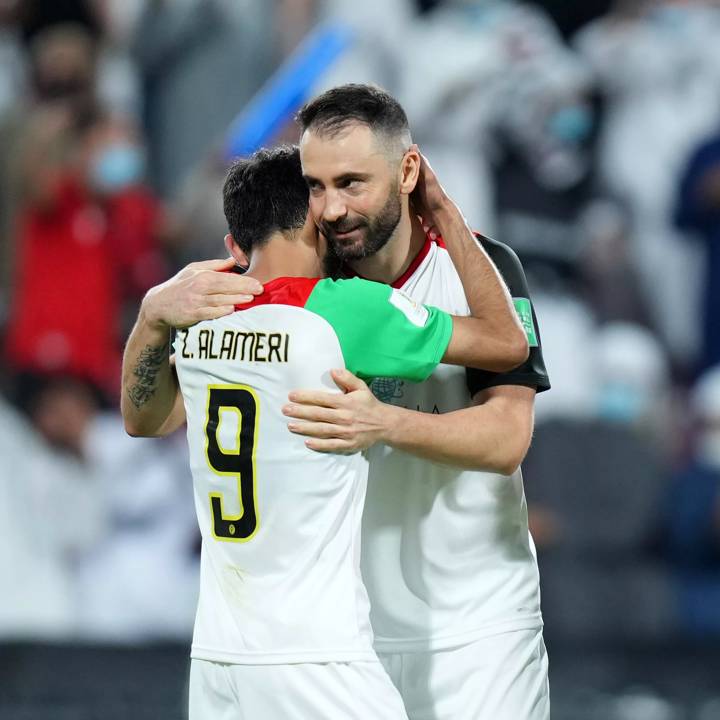 ABU DHABI, UNITED ARAB EMIRATES - FEBRUARY 03: Milos Kosanovic of Al Jazira Club celebrates with teammate Zayed Al Ameri after scoring their team's third goal during the FIFA Club World Cup UAE 2021 1st Round match between Al Jazira Club and AS Pirae at Mohammed Bin Zayed Stadium on February 03, 2022 in Abu Dhabi, United Arab Emirates. (Photo by Angel Martinez - FIFA/FIFA via Getty Images)