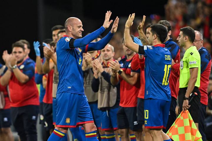 Andorra's defender Ildefons Lima gestures as he leaves the pitch after he played his very last match during the UEFA Euro 2024 football tournament Group I qualifying match between Switzerland and Andorra