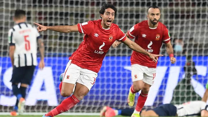 ABU DHABI, UNITED ARAB EMIRATES - FEBRUARY 05: Mohamed Hany of Al Ahly celebrates after scorin his team's first goal of the game during the FIFA Club World Cup UAE 2021 2nd Round match between Al Ahly SC and CF Monterrey at Al Nahyan Stadium on February 05, 2022 in Abu Dhabi, United Arab Emirates. (Photo by Michael Regan - FIFA/FIFA via Getty Images)