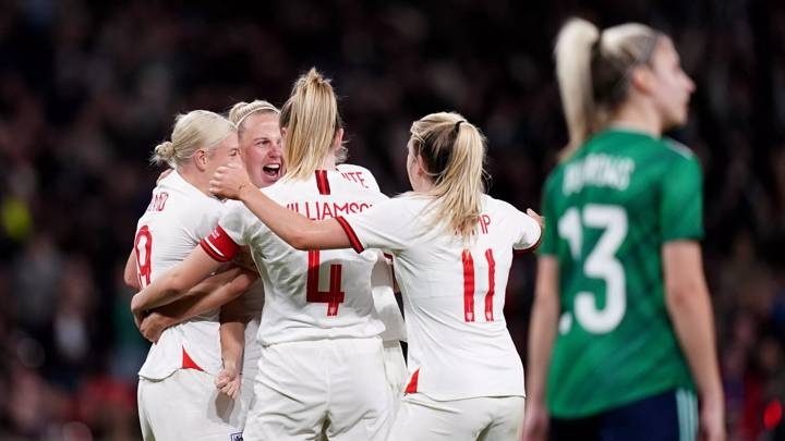 England v Northern Ireland - FIFA Women s World Cup 2023 - UEFA Qualifier - Group D - Wembley Stadium England s Beth Mead (second left) celebrates with team-mates after scoring their side s first goal of the game during the FIFA Women s World Cup 2023 qualifying match at Wembley Stadium, London. Picture date: Saturday October 23, 2021. Use subject to FA restrictions. Editorial use only. Commercial use only with prior written consent of the FA.