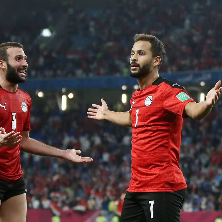 AL WAKRAH, QATAR - DECEMBER 11: Ahmed Refaat of Egypt celebrates with teammate Omar Kamal after scoring their team's second goal during the FIFA Arab Cup Qatar 2021 Quarter-Final match between Egypt and Jordan at Al Janoub Stadium on December 11, 2021 in Al Wakrah, Qatar. (Photo by Mohamed Farag - FIFA/FIFA via Getty Images)