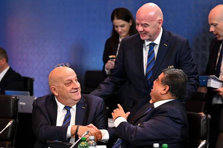 ZURICH, SWITZERLAND - OCTOBER 3: FIFA President Gianni Infantino (C) with FIFA Council Member George Koumas and FIFA Council Member Rajesh Patel during the FIFA Council Meeting No.29 at Home of FIFA on October 3, 2024 in Zurich, Switzerland. (Photo by Harold Cunningham/FIFA)