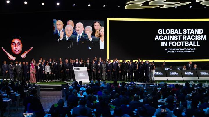 BANGKOK, THAILAND - MAY 17: A general view as Gianni Infantino, President of FIFA speaks on stage during the Global Stand Against Racism in Football presentation during the 74th FIFA Congress 2024 at the Queen Sirikit National Convention Center (QSNCC) on May 17, 2024 in Bangkok, Thailand. (Photo by Thananuwat Srirasant - FIFA/FIFA via Getty Images)