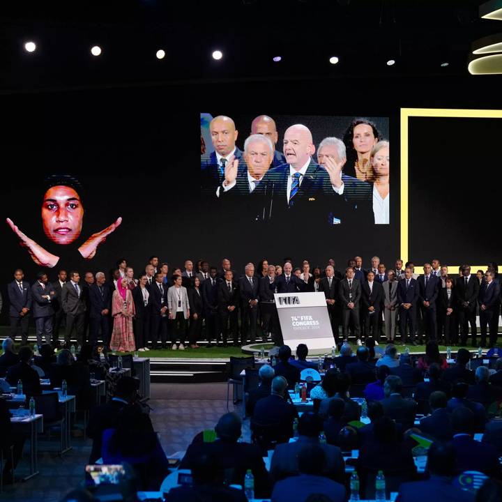 BANGKOK, THAILAND - MAY 17: A general view as Gianni Infantino, President of FIFA speaks on stage during the Global Stand Against Racism in Football presentation during the 74th FIFA Congress 2024 at the Queen Sirikit National Convention Center (QSNCC) on May 17, 2024 in Bangkok, Thailand. (Photo by Thananuwat Srirasant - FIFA/FIFA via Getty Images)