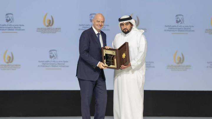 DUBAI, UNITED ARAB EMIRATES - JANUARY 10: FIFA President Gianni Infantino receives an award during the Mohammed Bin Rashid Al Maktoum Creative Sports Awards 2023 at Madinat Jumeirah on January 10, 2024 in Dubai, United Arab Emirates. (Photo courtesy of MBR Awards)