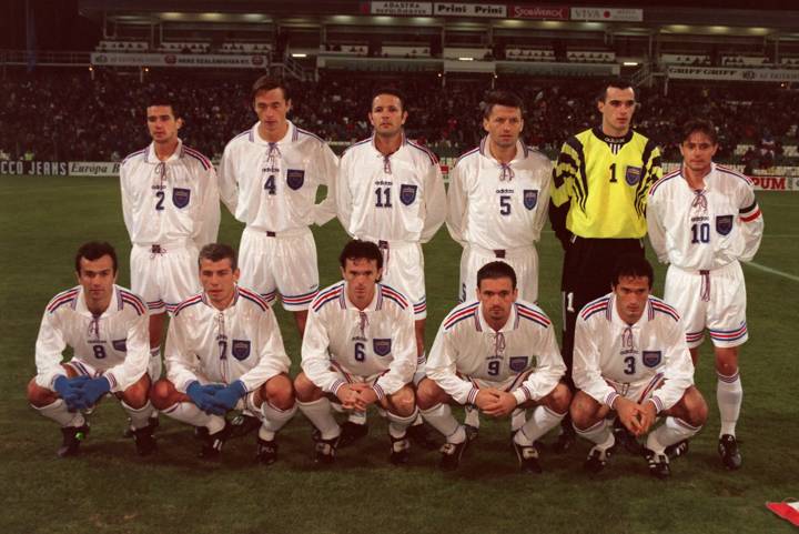 Yugoslavia line up before a FIFA World Cup play-off against Hungary in 1997.