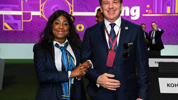 DOHA, QATAR - MARCH 31: FIFA Secretary General Fatma Samoura, and FIFA Vice-President, President of CONMEBOL and FIFA Council member Alejandro Dominguez during 72nd FIFA Congress at Doha Exhibition and Convention Center on March 31, 2022 in Doha, Qatar. (Photo by Stephen McCarthy -  FIFA / FIFA via Sportsfile)