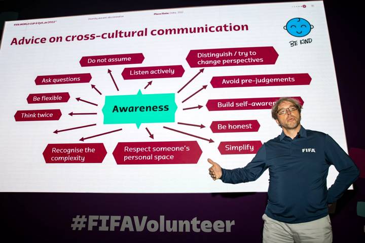 FIFA Senior Diversity & Anti-Discrimination Manager Gerd Dembowski delivers a presentation on cross-cultural communication 