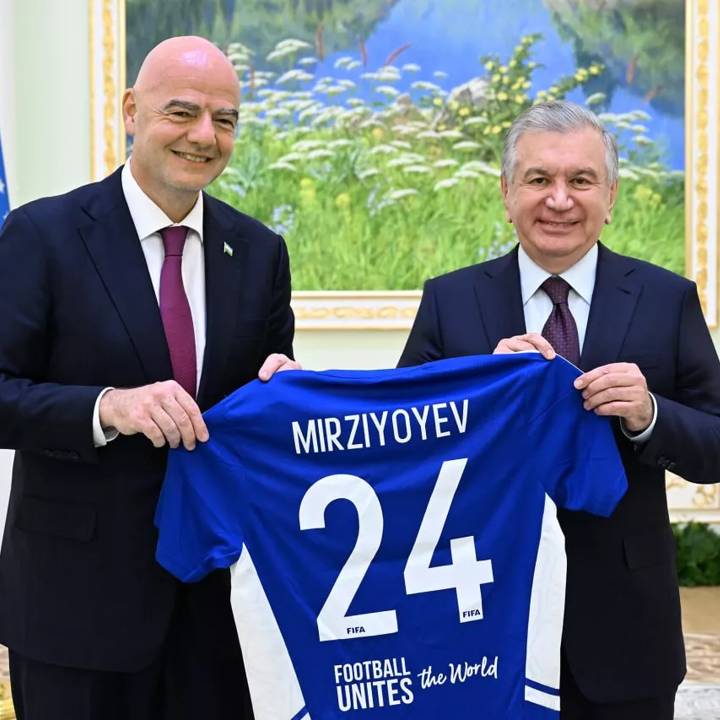 TASHKENT, UZBEKISTAN - MAY 05: FIFA President Gianni Infantino during a meeting with President of the Republic of Uzbekistan Shavkat Mirziyoev as part of the visit to Uzbekistan on May 05, 2023 in Tashkent, Uzbekistan. (Photo courtesy of the office  of the President of the Republic of Uzbekistan)