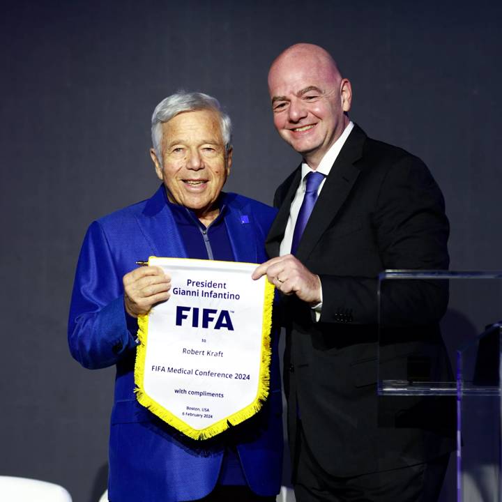 BOSTON, MASSACHUSETTS - FEBRUARY 6: FIFA President Gianni Infantino with Patriots and New England Revolution owner Robert Kraft during the FIFA Medical Conference 2024 at The Westin Copley Place on February 6, 2024 in Boston, Massachusetts, United States. (Photo by Omar Rawlings - FIFA/FIFA via Getty Images)