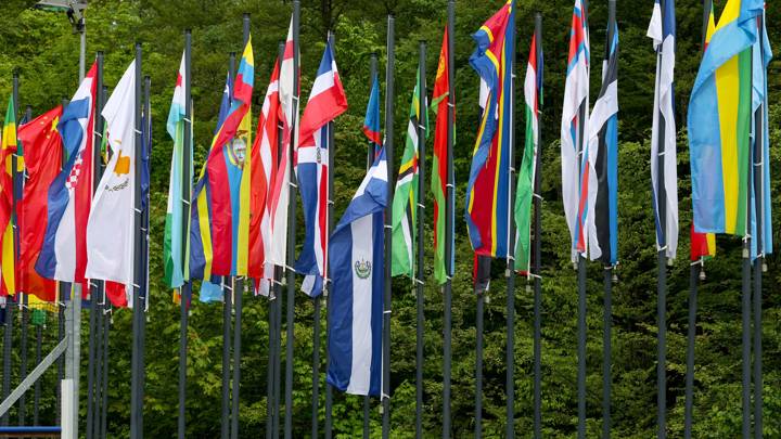 ZURICH, SWITZERLAND - MAY 21: Flags lowered to half-mast at the Home of FIFA in Zurich, Switzerland, in memory of those who lost their lives in an incident at a domestic football match in El Salvador on May 21, 2023 in Zurich, Switzerland. (Photo by Arnd Wiegmann/FIFA)