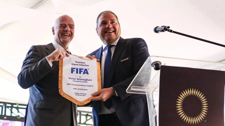 FIFA President Gianni Infantino and CONCACAF President Victor Montagliani during the CONCACAF 38th Ordinary Congress on February 25, 2023 in Antigua City, Guatemala.  (Photo Courtesy of Miguel Gutierrez/CONCACAF)