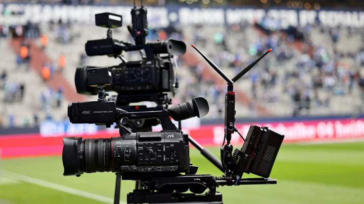 GELSENKIRCHEN, GERMANY - APRIL 29: Television cameras prior to the Bundesliga match between FC Schalke 04 and SV Werder Bremen at Veltins-Arena on April 29, 2023 in Gelsenkirchen, Germany. (Photo by Christof Koepsel/Getty Images)