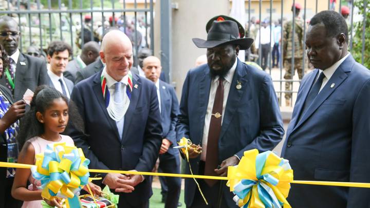 JUBA, SOUTH SUDAN - JUN 11: FIFA President Gianni Infantino with H.E. President of the Republic Gen. Salva Kiir Mayardit and South Sudan Football Association President Augustino Parek during the inauguration at Juba National Stadium on June 6, 2024 in Juba, Sudan. (Photo by James Moga Valerio - FIFA/FIFA via After Dawn Media)