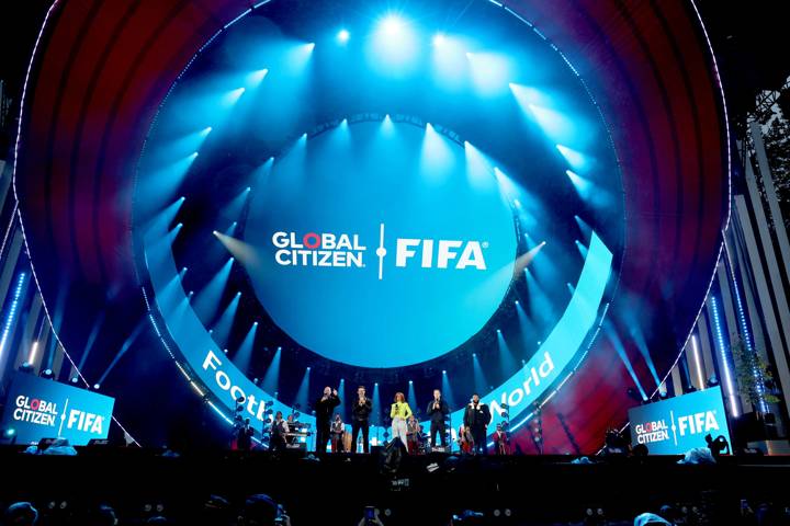 NEW YORK, NEW YORK - SEPTEMBER 28: (L-R) Gianni Infantino, Hugh Jackman, Gayle King, Hugh Evans and DJ Khaled speak onstage during the Global Citizen Festival 2024 in Central Park on September 28, 2024 in New York City. (Photo by Kevin Mazur/Getty Images for Global Citizen)