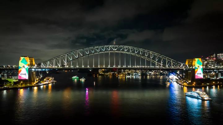 Sydney Harbour Bridge is illuminated to mark the 2023 FIFA Women's World Cup's One Year to Go milestone.