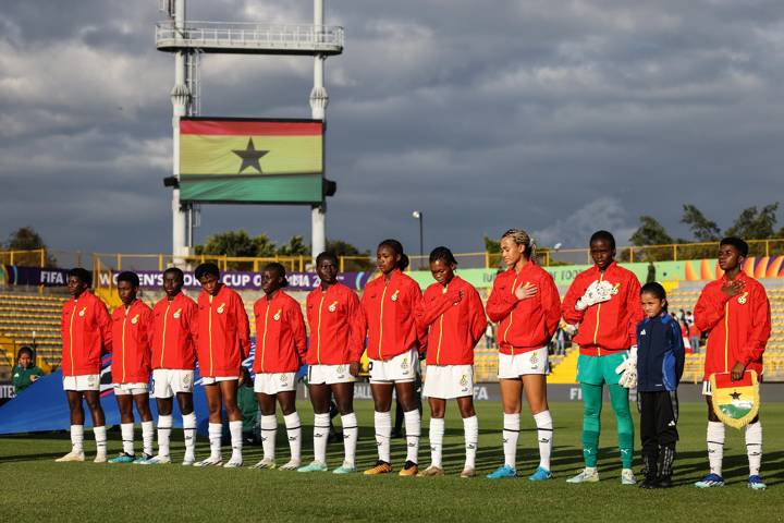 Players of Ghana line up for the national anthem prior to the FIFA U-20 Women's World Cup Colombia 2024 match