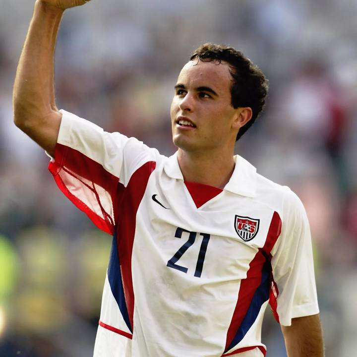 JEONJU - JUNE 17:  Landon Donovan of the USA celebrates after the Mexico v USA, World Cup Second Round match played at the Jeonju World Cup Stadium, Jeonju, South Korea on June 17, 2002. The USA won 2-0. (Photo by Brian Bahr/Getty Images)