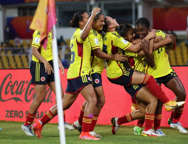  Linda Caicedo of Colombia is congratulated on scoring her teams second goal during the FIFA U-17 Women's World Cup 2022 Group C match between Colombia and Mexico