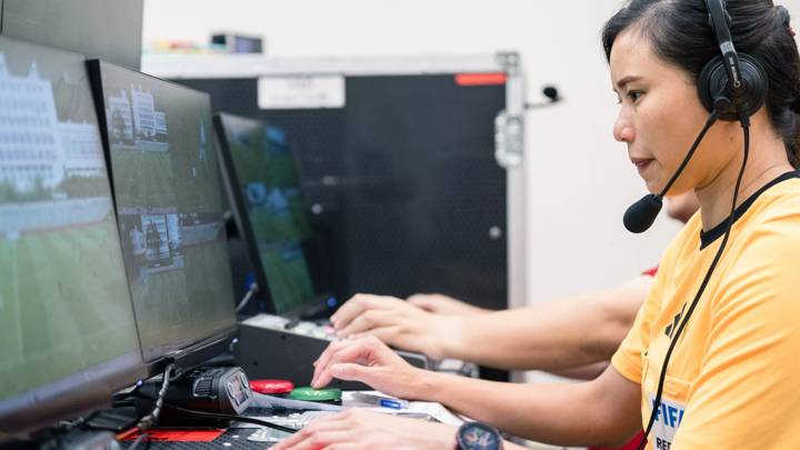 HONG KONG, CHINA - JUNE 16: VAR in operation during the Womens Football League FA Cup Final match between Chelsea FA Soccer School HK and Kitchee at Hammer Hill Road Sports Ground as part of the expansion of the VAR programme in Hong Kong, on June 16, 2024 in Hong Kong, China. (Photo Courtesy of HKFA)