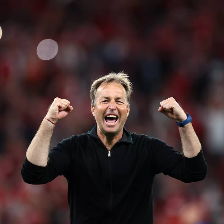 COPENHAGEN, DENMARK - JUNE 21: Kasper Hjulmand, Head Coach of Denmark celebrates after victory in the UEFA Euro 2020 Championship Group B match between Russia and Denmark at Parken Stadium on June 21, 2021 in Copenhagen, Denmark. (Photo by Martin Rose - UEFA/UEFA via Getty Images)