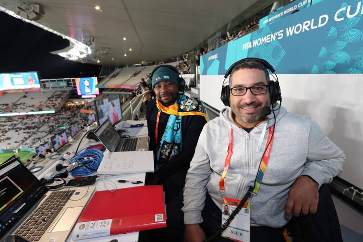 Eli Mwaijumba and Nathan Alleyne (Audio Descriptive Commentary) during the FIFA Women's World Cup Australia & New Zealand 2023 Group A match between Norway and Philippines at Eden Park