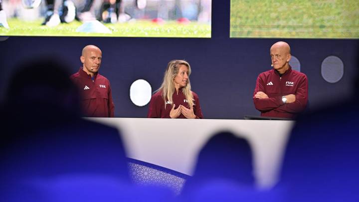 JEDDAH, SAUDI ARABIA - DECEMBER 21: FIFA Referee Committee Chairman Pierluigi Collina with referees Szymon Marciniak and Tori Penso during the FIFA Football Summit 2023 on December 21, 2023 in Jeddah, Saudi Arabia. (Photo by Harold Cunningham/FIFA)