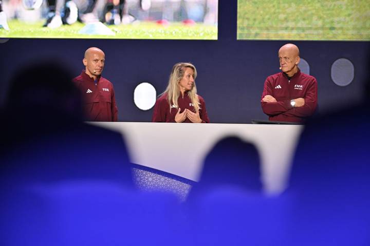 FIFA Referee Committee Chairman Pierluigi Collina with referees Szymon Marciniak and Tori Penso during the FIFA Football Summit 2023