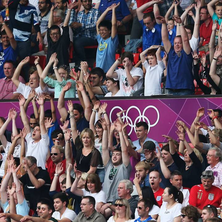 MANCHESTER, ENGLAND - JULY 26: Fans are celebrating during the Men's Football first round Group A Match of the London 2012 Olympic Games between United Arab Emirates  and Uruguay, at Old Trafford at Old Trafford on July 26, 2012 in Manchester, England.  (Photo by Joern Pollex - FIFA/FIFA via Getty Images)