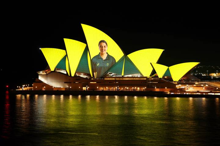 SYDNEY, AUSTRALIA - SEPTEMBER 05: Australian Olympian Sam Kerr is projected onto the Sydney Opera House on September 05, 2021 in Sydney, Australia.