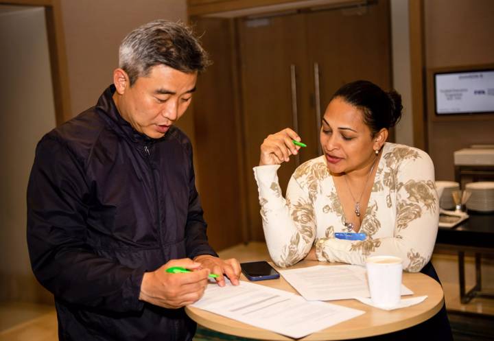 Korea FA Head of Strategic Planning Ilki Park (L) and Fiji FA Women's Development Manager Naziah Ali 