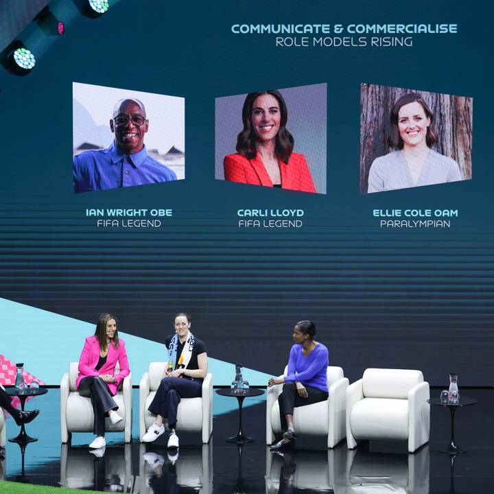 SYDNEY, AUSTRALIA - AUGUST 19: Moderator Ian Wright OBE (L) with Panellists FIFA Legend Carli Lloyd, Paralympian Ellie Cole OAM and FIFA Legend Briana Scurry during Pillar 4: Communicate & Commercialise - Role Models Rising panel as part of the FIFA Women's Football Convention at the International Convention Centre, Darling Harbour on August 19, 2023 in Sydney / Gadigal, Australia. (Photo by Maja Hitij - FIFA/FIFA via Getty Images)