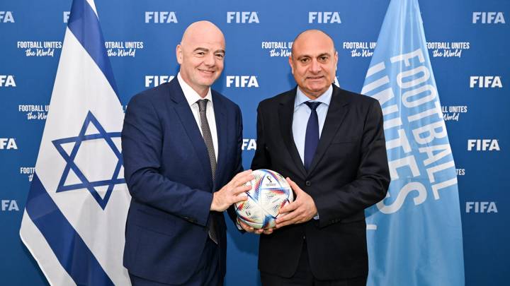 PARIS, FRANCE - FEBRUARY 28: FIFA President Gianni Infantino during a meeting with The Israel Football Association President Shino Moshe Zuares (R) at FIFA Paris Office on February 28, 2023 in Paris, France. (Photo by Harold Cunningham/FIFA)