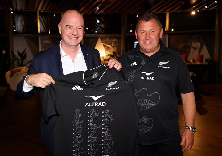 Gianni Infantino, President of FIFA and Ian Foster, Head Coach of New Zealand's All Blacks