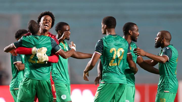 Comoros celebrate victory during the 2025 Africa Cup of Nations Qualifiers match between Tunisia and Comoros at Hammadi Agrebi Stadium in Rades, Tunisia on 11 October 2024 ©Mehrez Toujani/BackpagePix