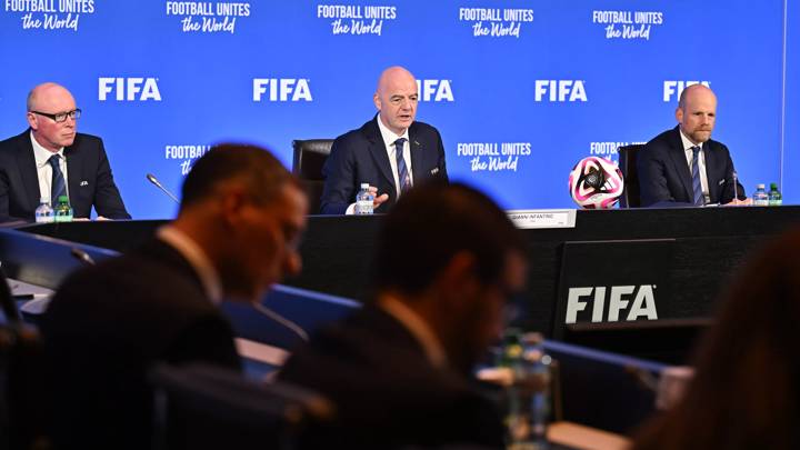 ZURICH, SWITZERLAND - MARCH 14: FIFA President Gianni Infantino (C) with FIFA Deputy Secretary General Alasdair Bell (L) and FIFA Secretary General ad interim Mattias Grafström (R) during a FIFA Council Meeting at HoF, Home of FIFA on March 14, 2024 in Zurich, Switzerland. (Photo by Harold Cunningham/FIFA)