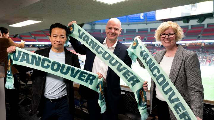 VANCOUVER, CANADA - OCTOBER 15: FIFA President Gianni Infantino with City of Vancouver Mayor Ken Sim and Carla Qualtrough, Canadian Minister of Sport and Physical Activity during a visit to Vancouver on October 15, 2024 in Vancouver, Canada. (Photo by Richard Lam - FIFA/FIFA via Getty Images)