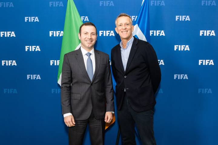 FIFA Director Member Associations Europe Elkhan Mammadov (L) and FAI CEO Jonathan Hill 