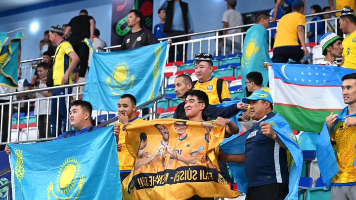 ANDIZHAN, UZBEKISTAN - SEPTEMBER 18: Fans of Kazakhstan are seen prior to the FIFA Futsal World Cup Uzbekistan 2024 match between Libya and Kazakhstan at Andijan Universal Sports Complex on September 18, 2024 in Andizhan, Uzbekistan. (Photo by Anvar Ilyasov - FIFA/FIFA via Getty Images)