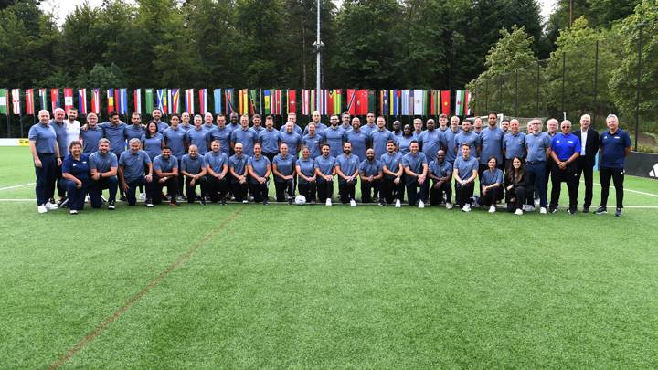 ZURICH, SWITZERLAND - SEPTEMBER 6: A group photo during Day 5 of the FIFA Talent Coach Programme Workshop at Home of FIFA on September 6, 2024 in Zurich, Switzerland. (Photo by Kurt Schorrer - foto-net/FIFA)